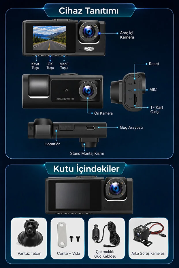 Araç İçi HD Kamera 3 Kameralı Wifi Özellikli 1080P Full HD Gece Görüşlü G-Sensör Dashcam